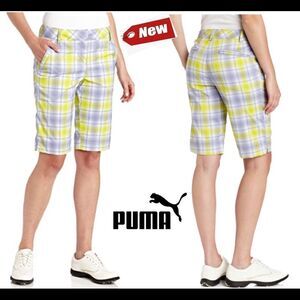 Puma golf plaid tech shorts persian violet Sz 12 NWT neon yellow purple